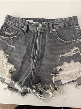 Zara Black Distressed Frayed Hem Denim Shorts